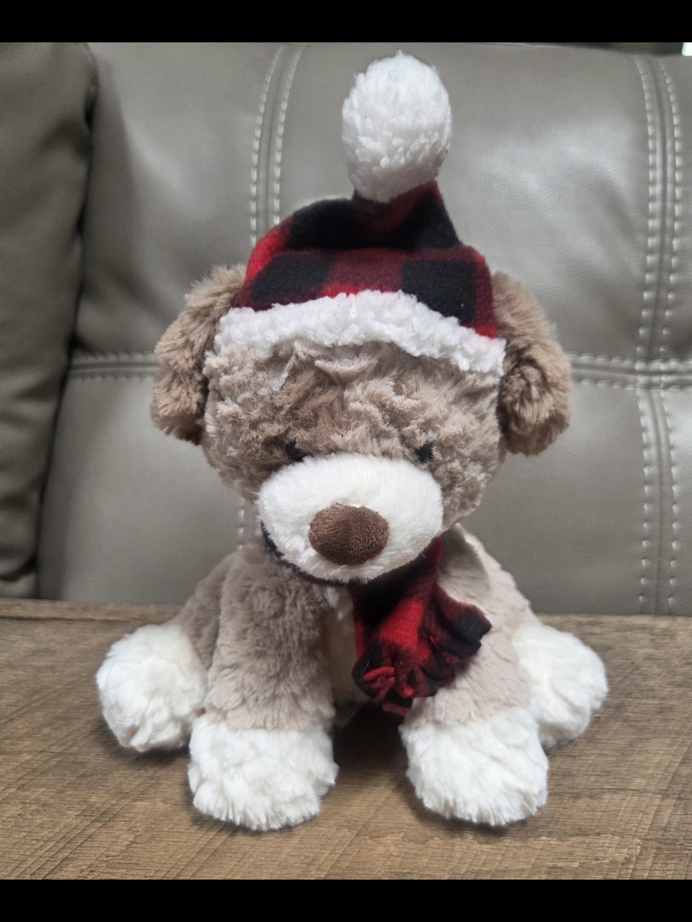 Mary Meyer Holiday Puppy Plush Brown & White w/ Red Plaid Hat & Scarf Bin PP